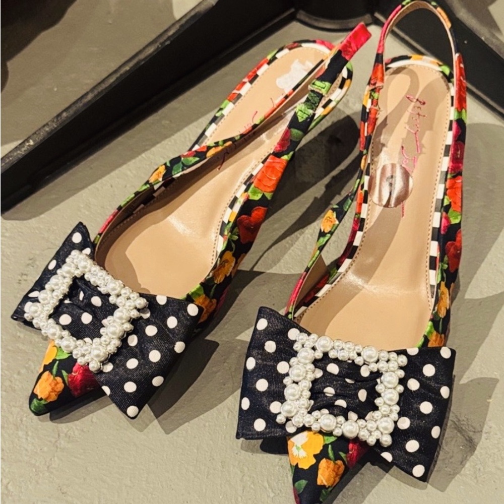 Betsey Johnson Floral Slingback Heels with Pearl Bow